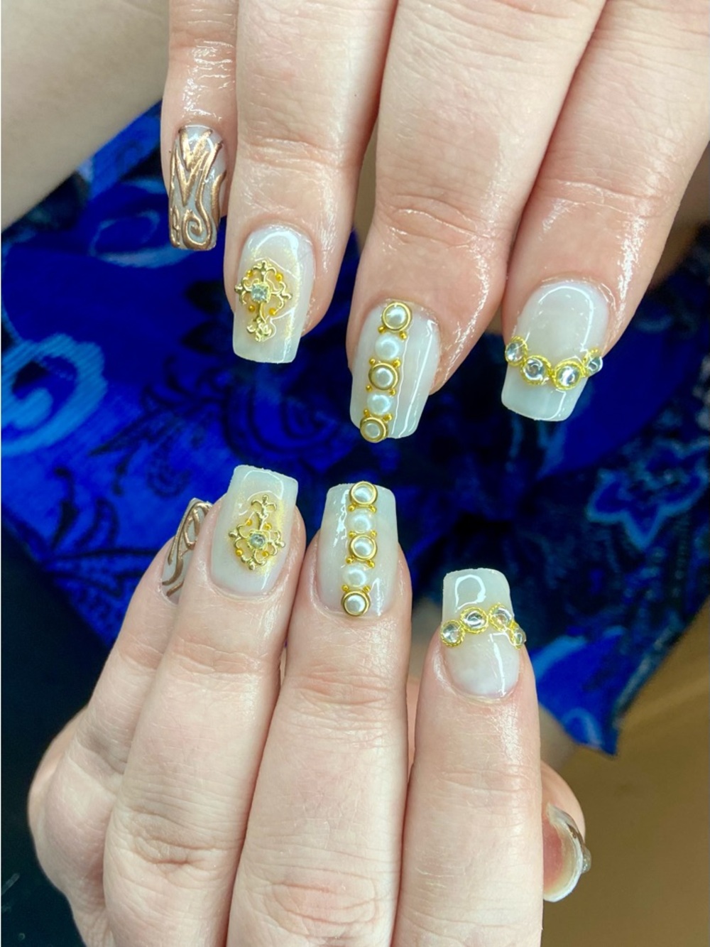 Luxury Gold-Embellished Pearl White Press-On Nails